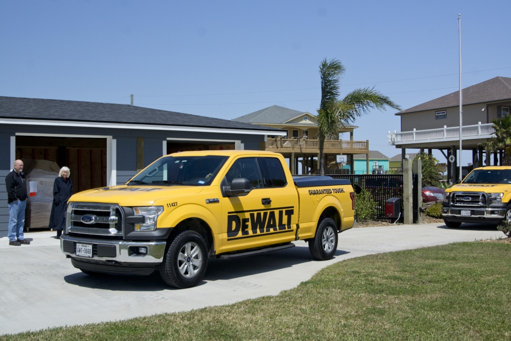 Dewalt Tool Delivery. Dale Ederlin, Lone Survivor Foundation Controller and Database Manager, along with Coastal Welding Supply Director of Marketing Cindy Yohe Lindsay , watch as trucks filled with donated Dewalt tools arrive at the Lone Survivor Foundation retreat facility on the Bolivar Peninsula, Texas. 