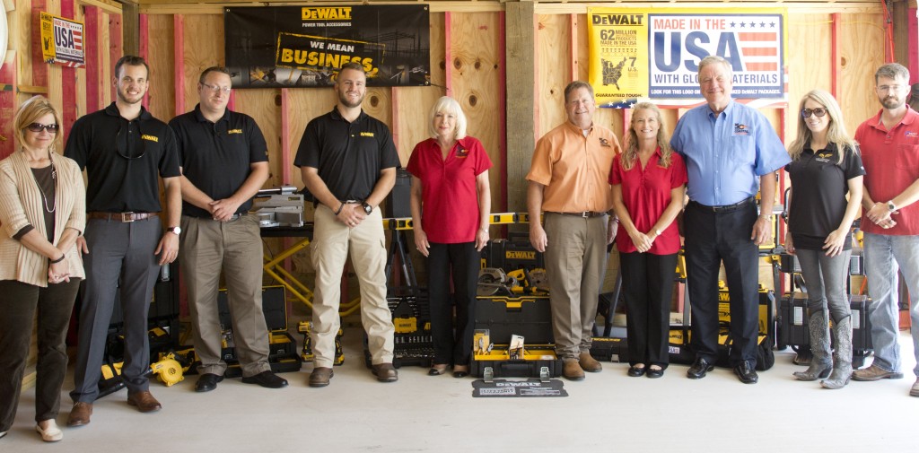 The Delivery Team (from left to right) Lone Survivor Foundation Program Director Ann Brown, Dewalt Representatives; Field Marketing Coordinator, Tom Diekemper, Account Manager Chris Feifel and Sales Coordinator Josh Tucker, Coastal Welding Supply’s Director of Marketing Cindy Yohe Lindsay, President J.C. “Chuck” Mazoch, Corporate Secretary Barbara Mazoch Nelson and Vice President Tom Johnson, Lone Survivor Foundation Marketing Director Jen Brown and Brian Byrom, of Brint Construction, lead facilitator of the retreat’s creation and construction. 